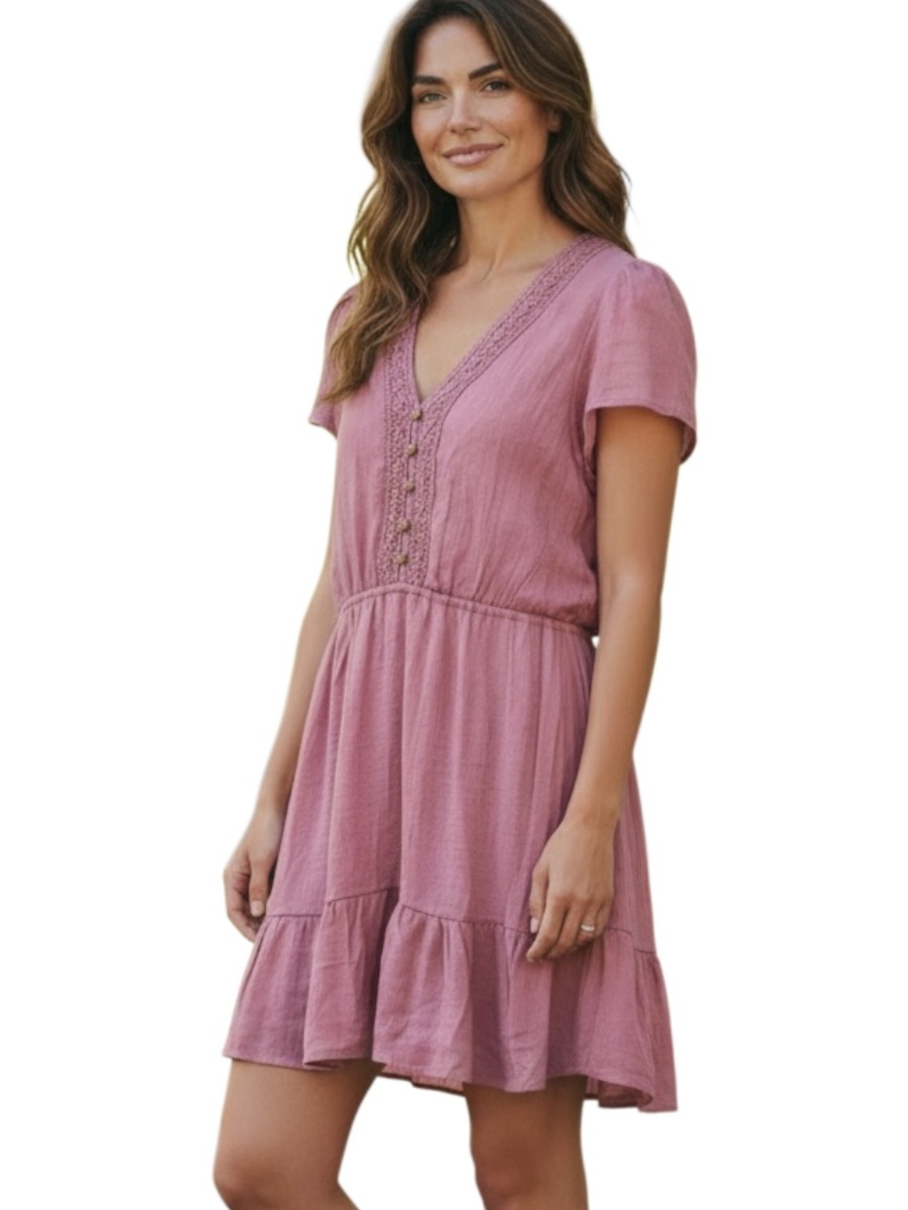 Indigo Rose Rose Pink V-Neck Tiered Midi Dress with Button Front